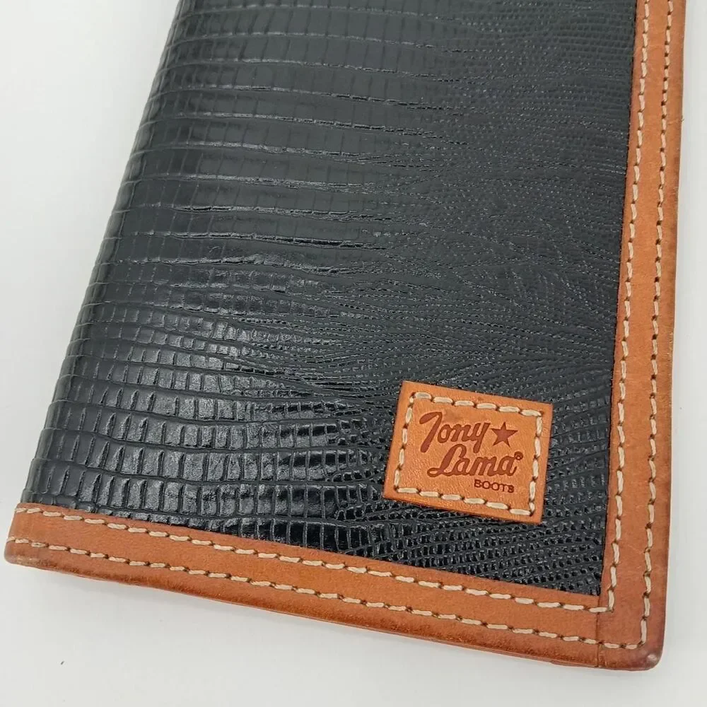 Tony Lama Western Lizard Embossed Leather Long Wallet Black Brown Trim Vintage